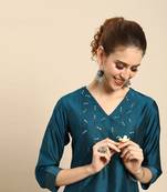 Teal Blue Embroidered Straight Kurta.