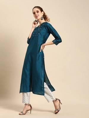 Teal Blue Embroidered Straight Kurta. 2