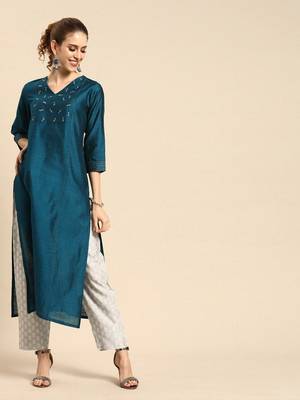 Teal Blue Embroidered Straight Kurta. 3