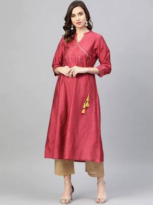 Women Maroon & Beige Zari Yoke Design Angrakha Kurta with Trousers 1