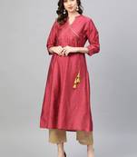 Women Maroon & Beige Zari Yoke Design Angrakha Kurta with Trousers
