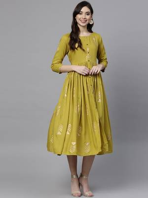 Women Lime Green & Golden Printed Fit & Flared Dress 1