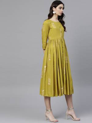 Women Lime Green & Golden Printed Fit & Flared Dress 2