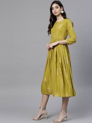 Women Lime Green & Golden Printed Fit & Flared Dress 3