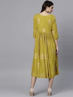 Women Lime Green & Golden Printed Fit & Flared Dress 4