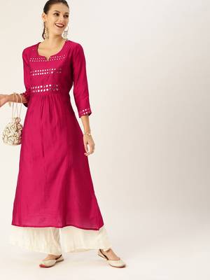 Women Magenta & Silver Toned Embellished A Line Kurta 1