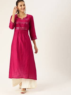 Women Magenta & Silver Toned Embellished A Line Kurta 2