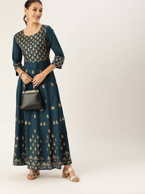 Teal & Gold Toned Printed Anarkali Kurta 1
