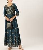 Teal & Gold Toned Printed Anarkali Kurta