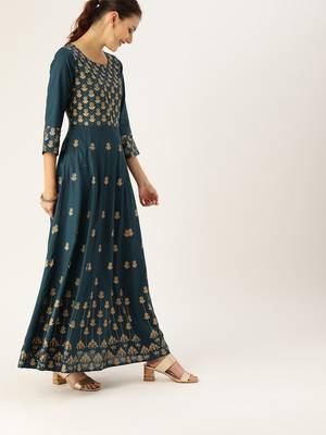 Teal & Gold Toned Printed Anarkali Kurta 2