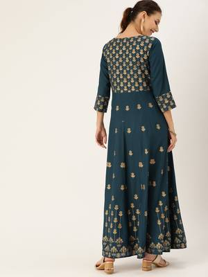 Teal & Gold Toned Printed Anarkali Kurta 3