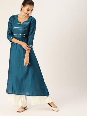 Women Teal & Silver Toned Embellished A Line Kurta 1