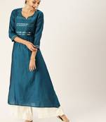 Women Teal & Silver Toned Embellished A Line Kurta