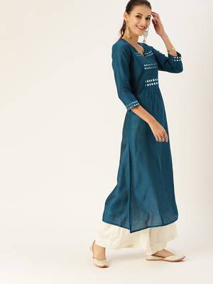 Women Teal & Silver Toned Embellished A Line Kurta 2