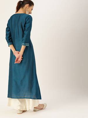 Women Teal & Silver Toned Embellished A Line Kurta 4