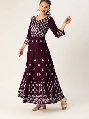 Women Burgundy & White Printed Anarkali Kurta 1