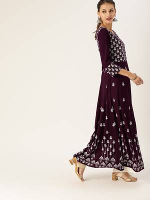 Women Burgundy & White Printed Anarkali Kurta 2