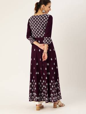 Women Burgundy & White Printed Anarkali Kurta 4