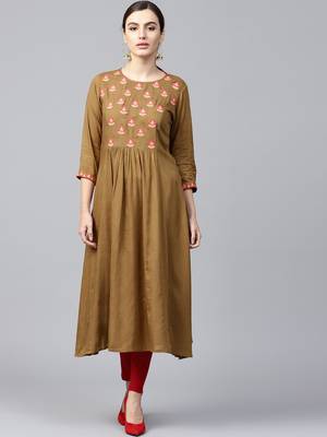 Olive Embroidered Flared Kurta 1