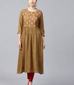 Olive Embroidered Flared Kurta