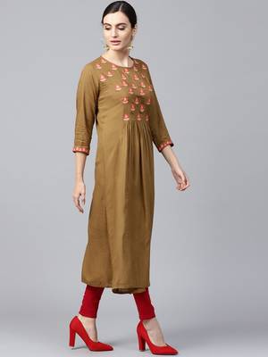 Olive Embroidered Flared Kurta 2