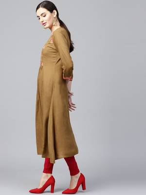 Olive Embroidered Flared Kurta 4