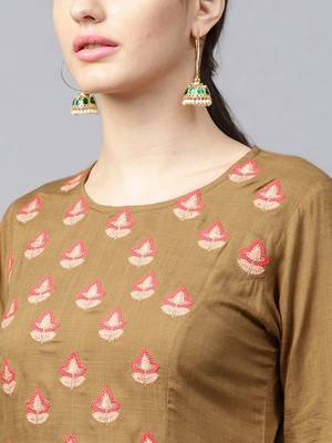 Olive Embroidered Flared Kurta 5
