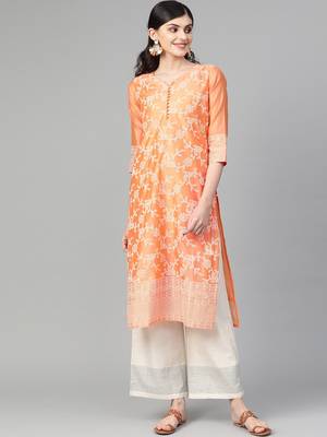 Peach Chikankari Printed Straight Kurta. 1