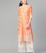 Peach Chikankari Printed Straight Kurta.