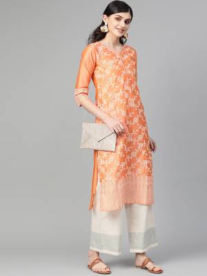 Peach Chikankari Printed Straight Kurta. 2