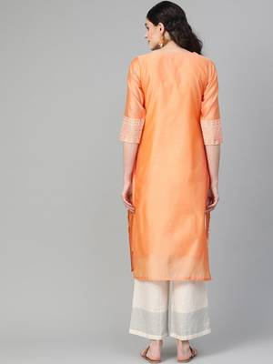 Peach Chikankari Printed Straight Kurta. 3