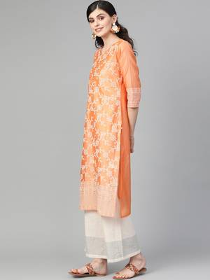 Peach Chikankari Printed Straight Kurta. 4