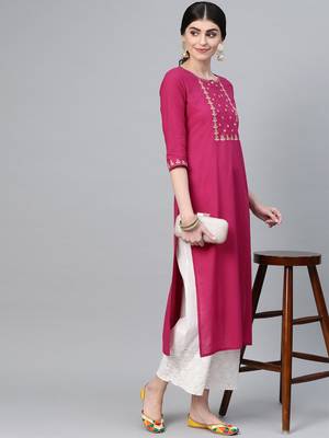 Wine Straight Kurta With Floral Zari Embroidery On Yoke And Sleeves 1