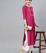 Wine Straight Kurta With Floral Zari Embroidery On Yoke And Sleeves