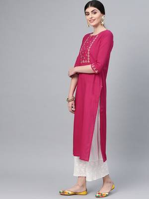 Wine Straight Kurta With Floral Zari Embroidery On Yoke And Sleeves 2
