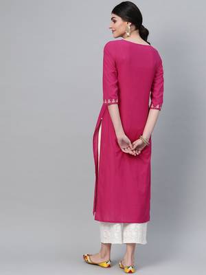 Wine Straight Kurta With Floral Zari Embroidery On Yoke And Sleeves 3