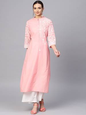 Women Peach Coloured Yoke Design Straight Kurta 1