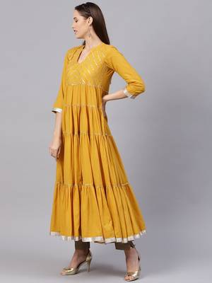 Mustard Yellow Solid Tiered Anarkali Kurta 3