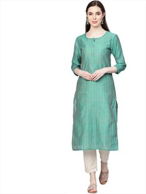 Women Green Silk Woven Design Straight Kurta 1