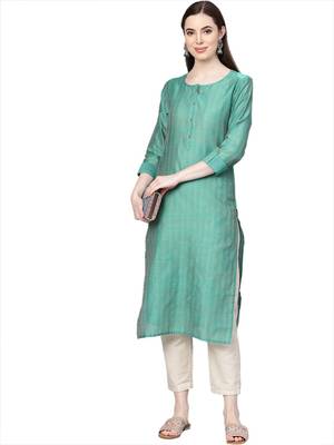 Women Green Silk Woven Design Straight Kurta 2