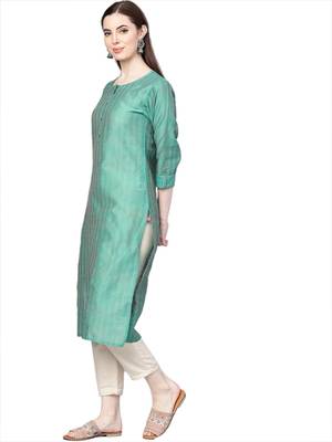 Women Green Silk Woven Design Straight Kurta 3