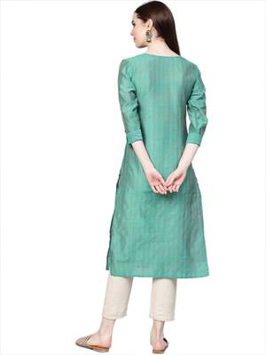 Women Green Silk Woven Design Straight Kurta 4