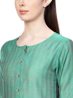 Women Green Silk Woven Design Straight Kurta 5