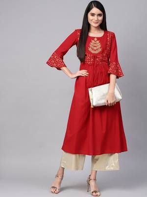 Women Red & Golden Yoke Design A Line Kurta 1