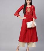 Women Red & Golden Yoke Design A Line Kurta