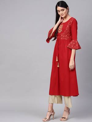 Women Red & Golden Yoke Design A Line Kurta 2
