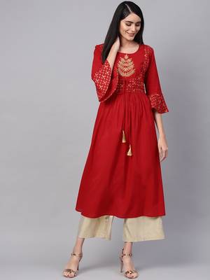 Women Red & Golden Yoke Design A Line Kurta 3