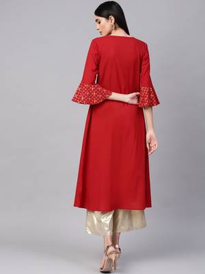 Women Red & Golden Yoke Design A Line Kurta 4