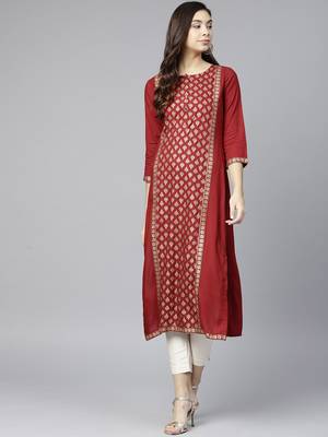 Maroon & Golden Printed Straight Kurta 1