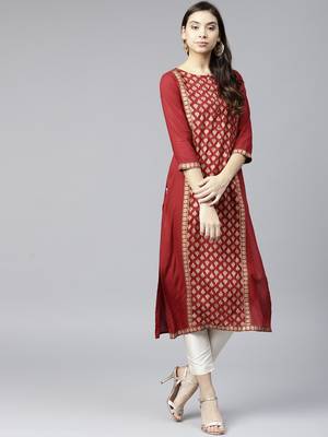 Maroon & Golden Printed Straight Kurta 2